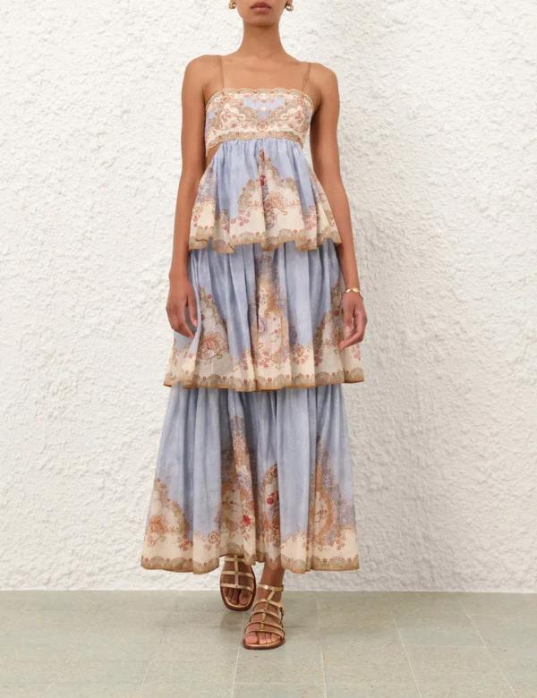Zimmermann Blue Printed Tiered Maxi Dress